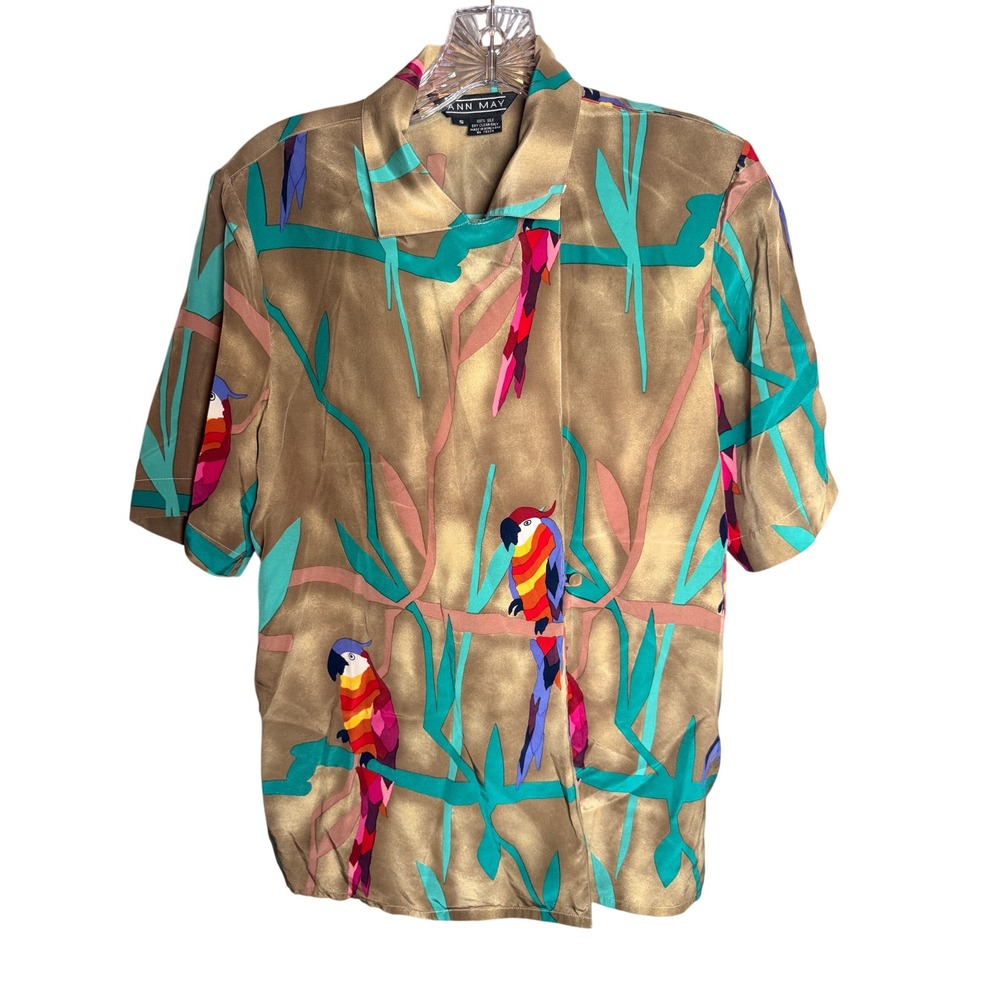 Vintage Ann May S 100% Silk Parrot Bird Print Blouse Gold Tropical Cruise Resort